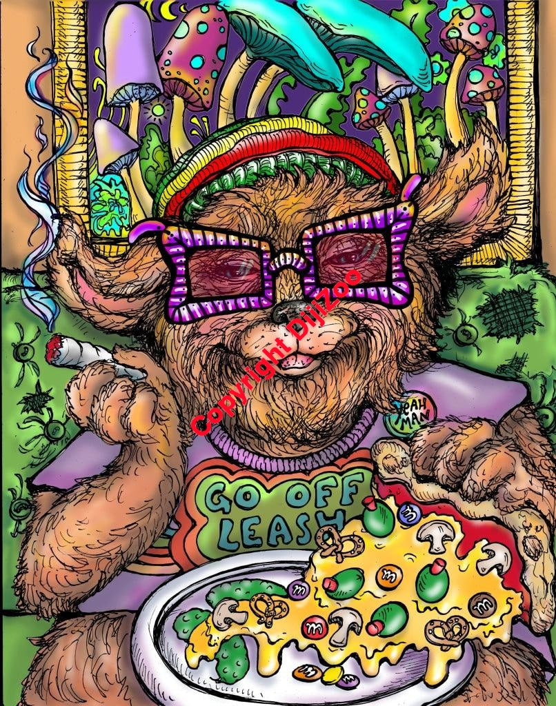 Go Off Leash Dog Has Munchies & Scarfs Pizza with Purple Shades - DIJIZOO
