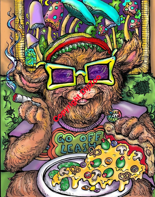 Go Off Leash Dog Has Munchies & Scarfs Pizza with Lime Shades - DIJIZOO